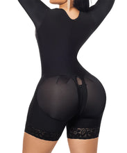 Cargar imagen en el visor de la galería, Open Bust Bodysuit Mid Thigh - Long Sleeves - Center Clasps - Perineal Zipper - Black ( Ref. O-215 )